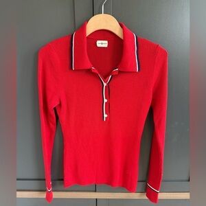 Tory Burch Red 100% Merino Half Button Down Polo Shirt • S
